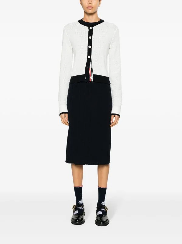 THOM BROWNE - Women Pointelle Tuck Stitch Crewneck Cardigan In Cotton Sequined Glittery Shiny