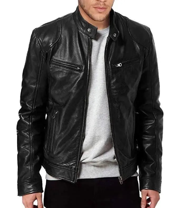 Elegant Slim Fit Men Leather Jacket Front Pockets Side Pockets Patch Pockets