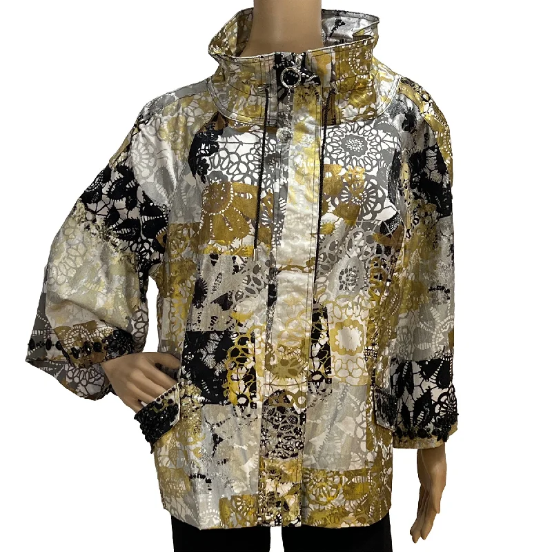 Berek 2 Gold, Silver Metallic Jacket - XL - Beaded - Crystal Zipper Pull, Cowl Neck Hooded Jacket Caped Jacket Shawl Collar Jacket