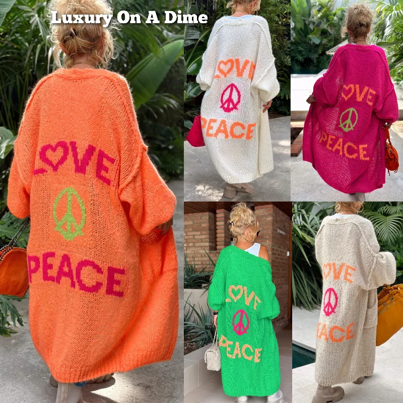 LOVE PEACE Oversized Knit Exposed Seam Longline Patch Pocket Duster Long Cardigan Real Fur Shearling Chenille