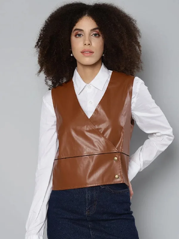 Women Solid Brown Sleeveless Jacket Toggled Jacket Drawstring Jacket Belted Jacket