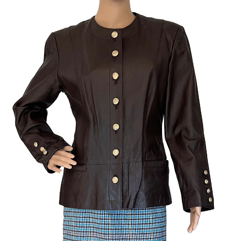 Women's Spiegel Brown Leather Button Front Suit Jacket Blazer, Size 6 Elasticated Jacket Padded Jacket Insulated Jacket