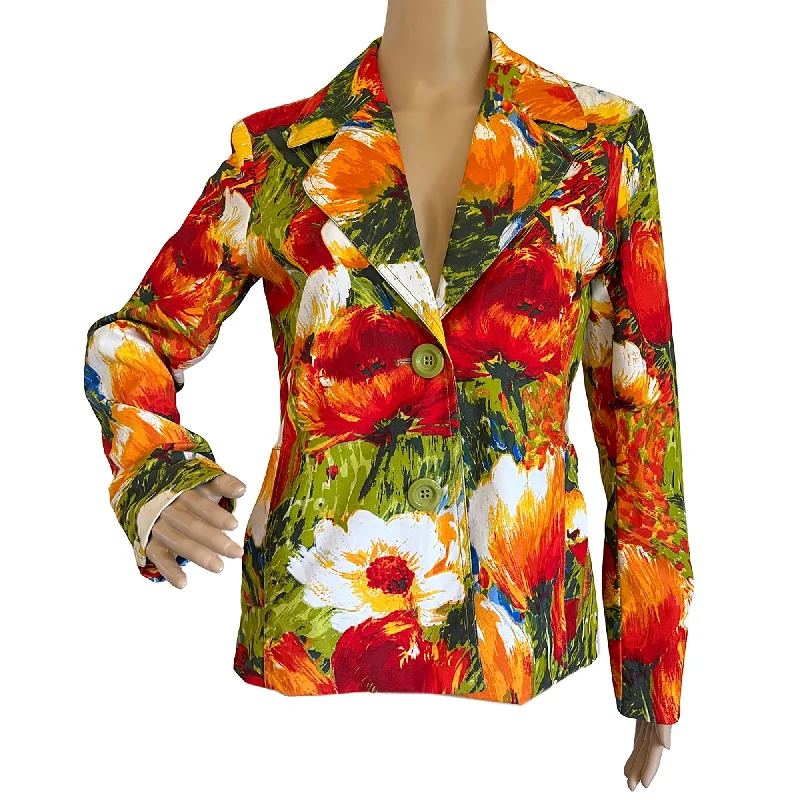 Chico's Multicolor Floral Stretch Cotton Blazer Jacket - Chico's 0 = Misses 4 Toggled Jacket Drawstring Jacket Belted Jacket