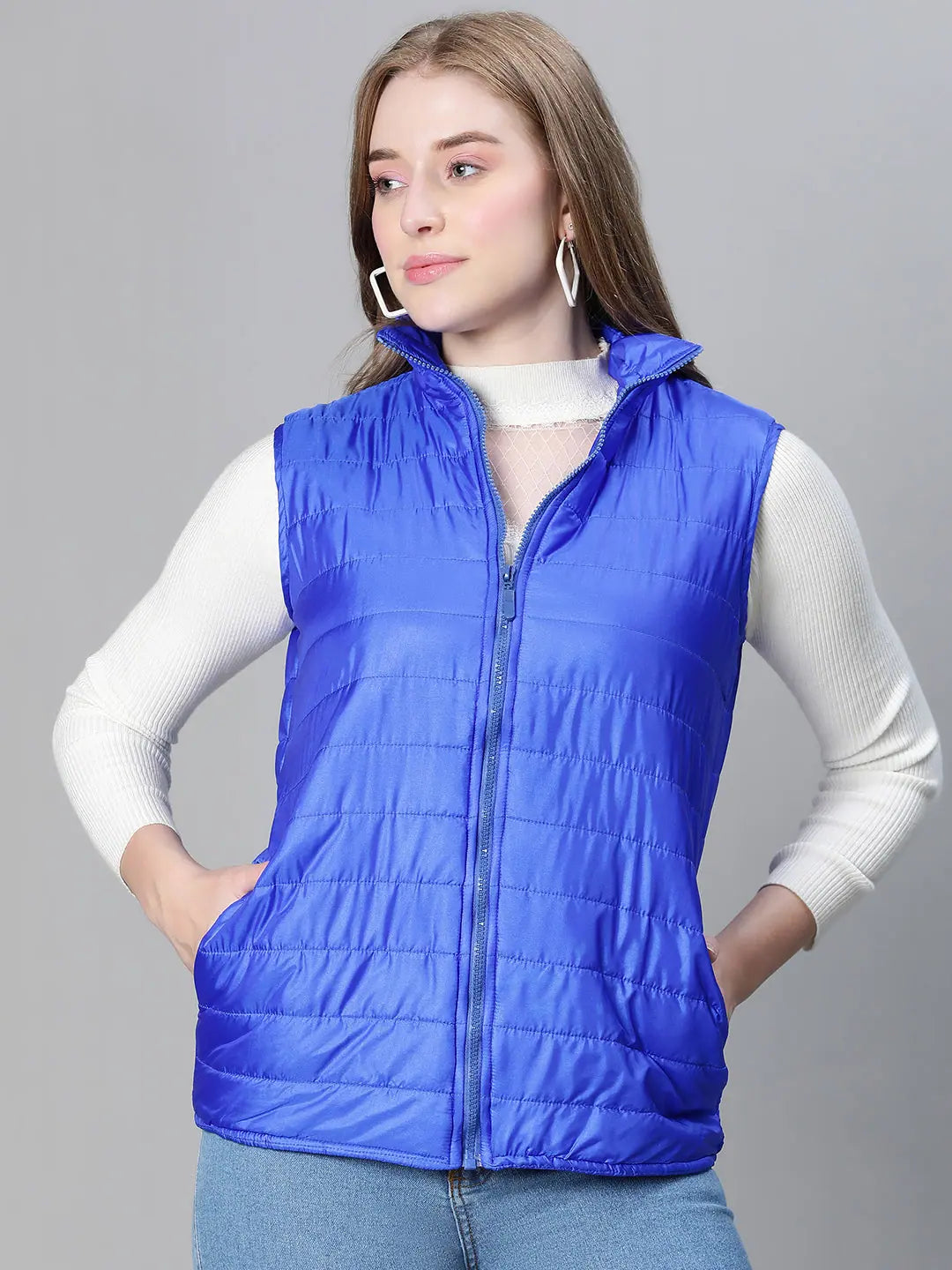 Women Solid Standard Blue Sleeveless Jacket Notch Collar Jacket Peter Pan Collar Jacket Cowl Neck Jacket