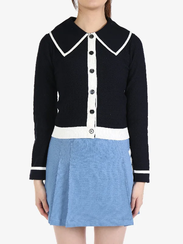 THOM BROWNE - Women Pointelle Tuck Stitch Peter Pan Cardigan In Cotton Solid Print Embellished