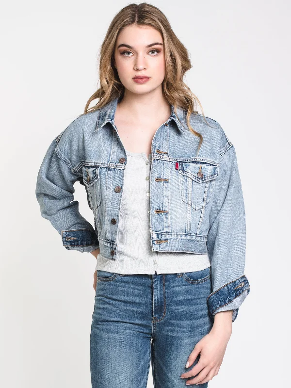 WOMENS CROP DAD TRUCKER JACKET - DENIM - CLEARANCE Trench Coat Raincoat Waterproof Jacket