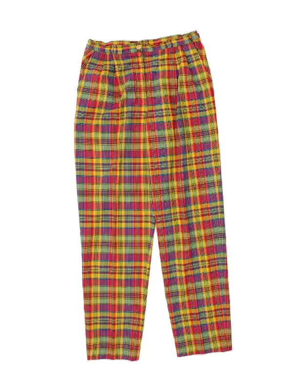 VINTAGE Womens High Waist Trousers UK 16 Large W32 L31 Multicoloured Check Trousers Summer Linen