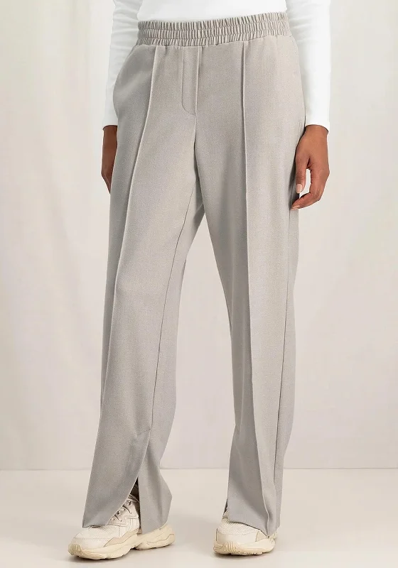 YAYA Soft Woven Slit Cuffs Wide Leg Trouser, Beige Melange Trousers Low Rise Relaxed