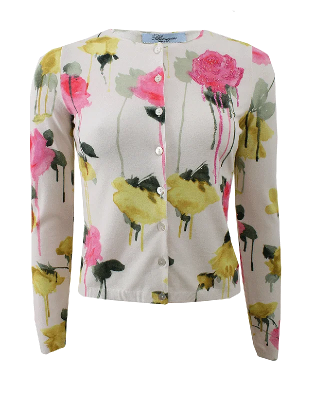 Rose Print Cardigan Notch Collar Peter Pan Collar Cowl Neck