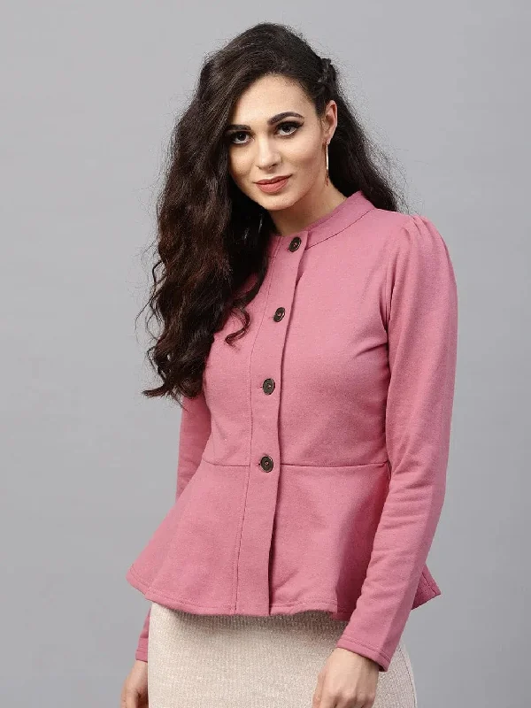 Women Solid Pink Full Sleeve Jacket Notch Collar Jacket Peter Pan Collar Jacket Cowl Neck Jacket