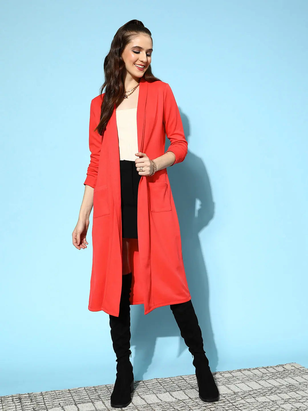 Women Solid Red Full Sleeve Jacket Ribbed Jacket Pleated Jacket Ruffled Jacket