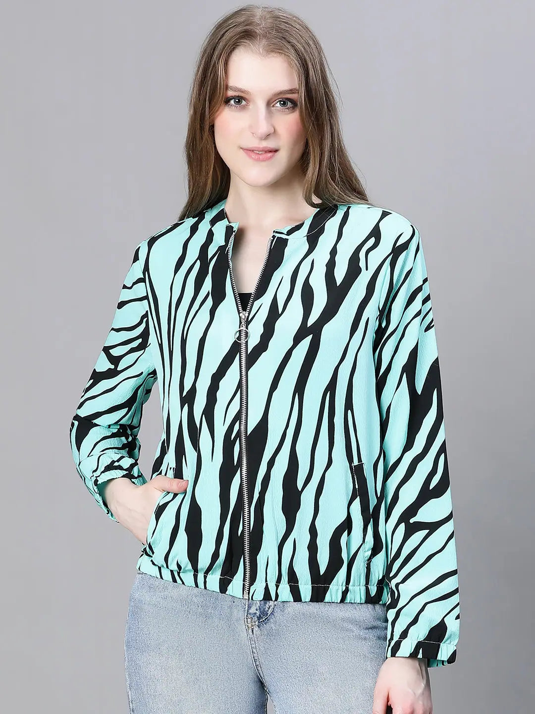 Women Printed Standard Light Blue Full Sleeve Jacket Satin Jacket Silk Jacket Chiffon Jacket