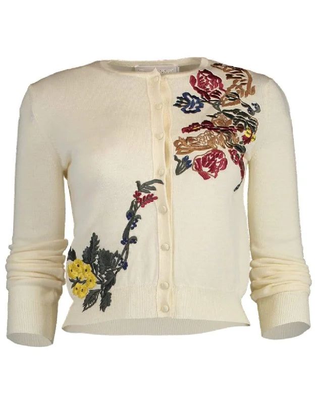 Cropped Floral Applique Cardigan Zippered Buttoned Snapped