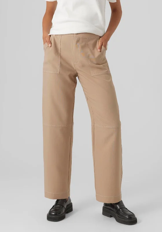 Vero Moda Bora Contrast Stitch Straight Leg Trousers, Light Brown Trousers Velvet Soft