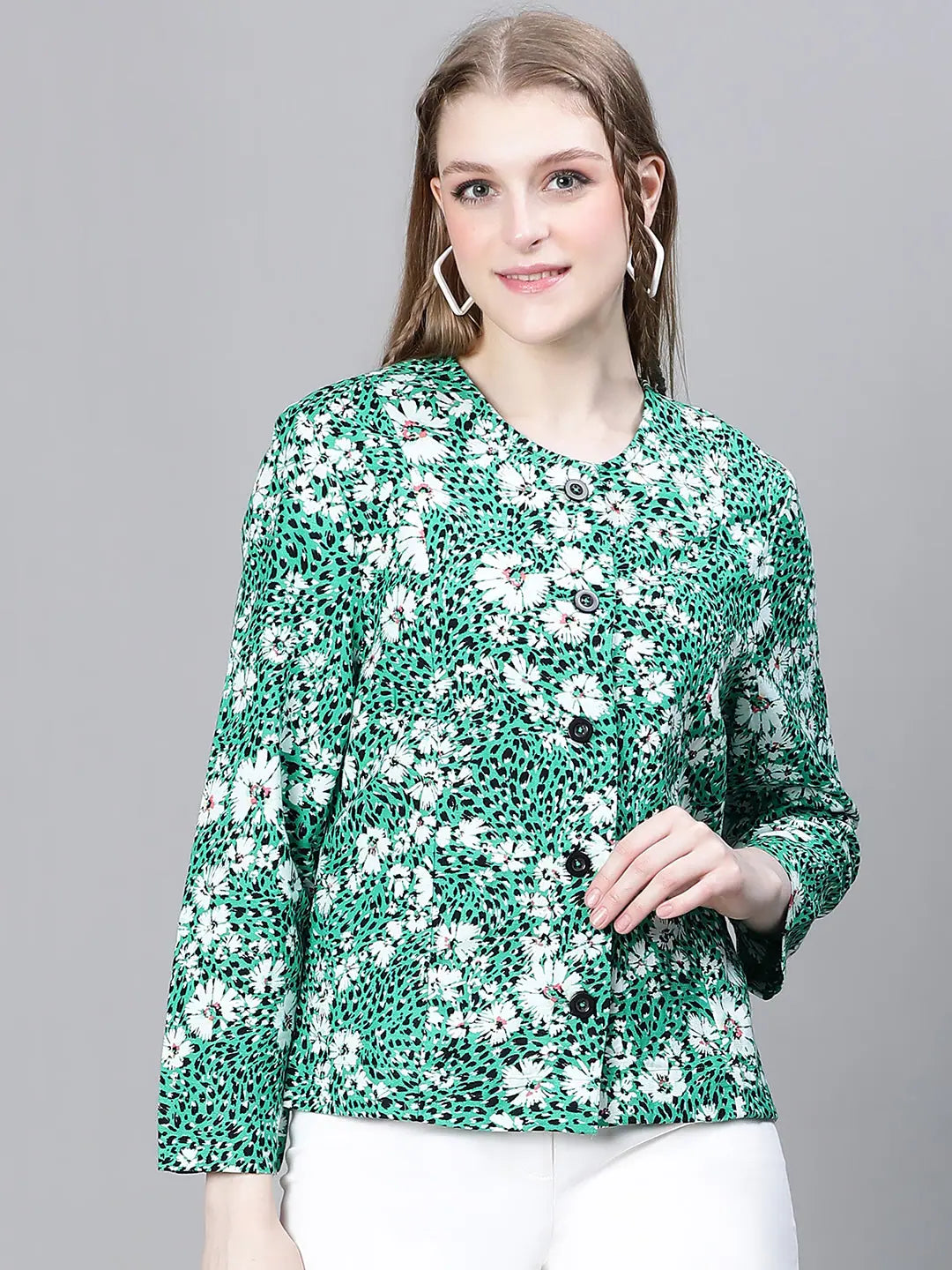 Women Printed Standard Green Full Sleeve Jacket Embroidered Jacket Appliqued Jacket Beaded Jacket