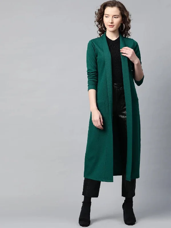 Women Solid Green Full Sleeve Jacket Belted Jacket Elasticated Jacket Padded Jacket