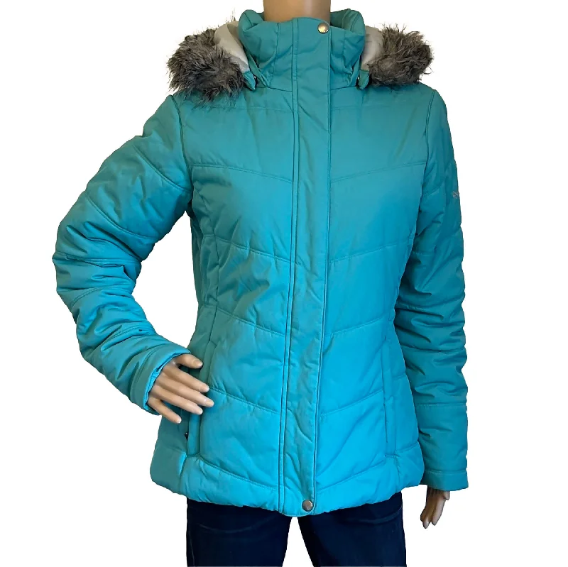 Columbia Women's Quilted Jacket - Size L - Turquoise Blue, Faux Fur Hood Zip Front Button Front Snap Front