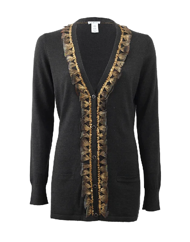 Long Cardigan With Feather Embroidery Asymmetrical,ymmetric Pencil Cardigan