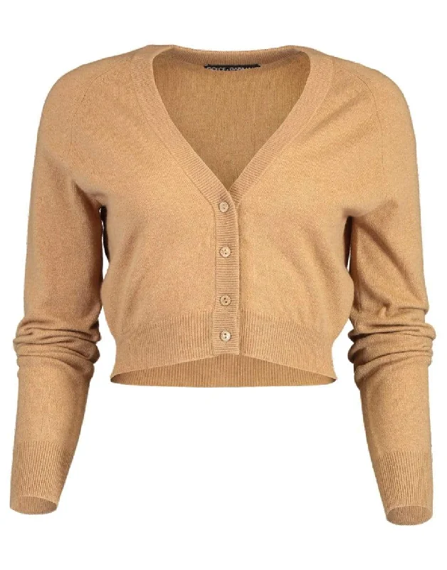 Camel Long Sleeve Cropped Cardigan Tailored Straight A-Line