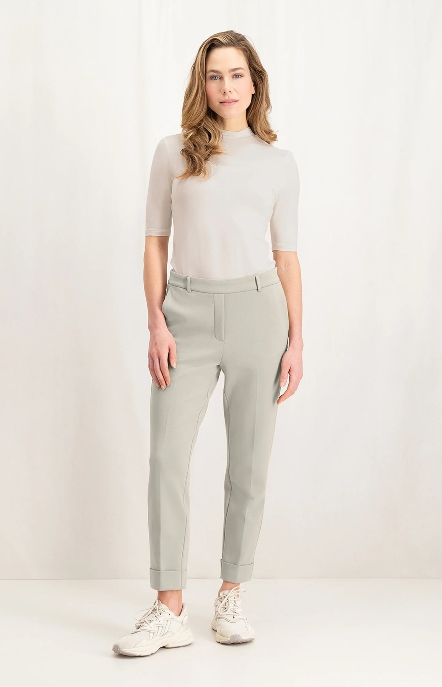 YAYA Elastic Waist Straight Leg Scuba Trousers, Silver Lining Beige Trousers Flared Retro