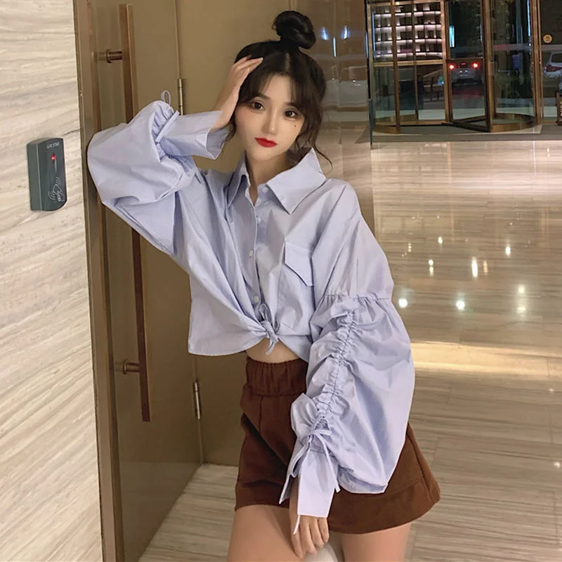 2022 Long Sleeve Cropped Shirt for Women Blouse Spring Summer Cardigan Tops Y2k Clothing Korean Fashion Casual Button Up Croptop Long Cardigan Short Cardigan Medium Cardigan