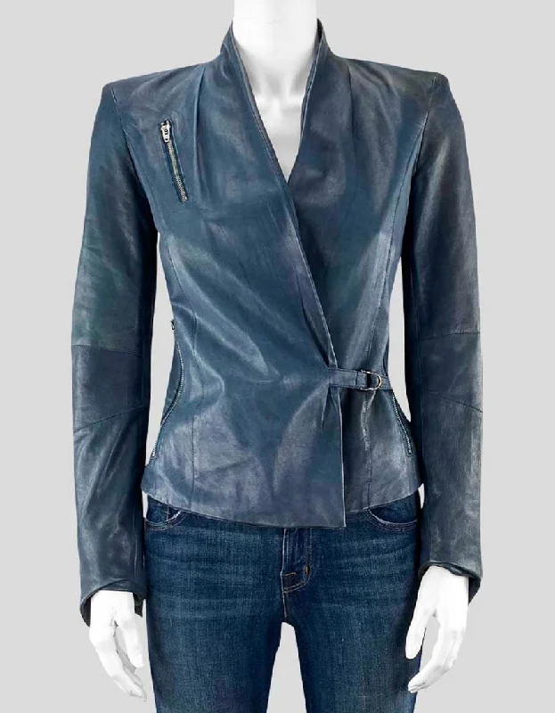 Helmut Lang Blue Leather Jacket Petite Hoodie Zip-Up Jacket Button-Up Jacket