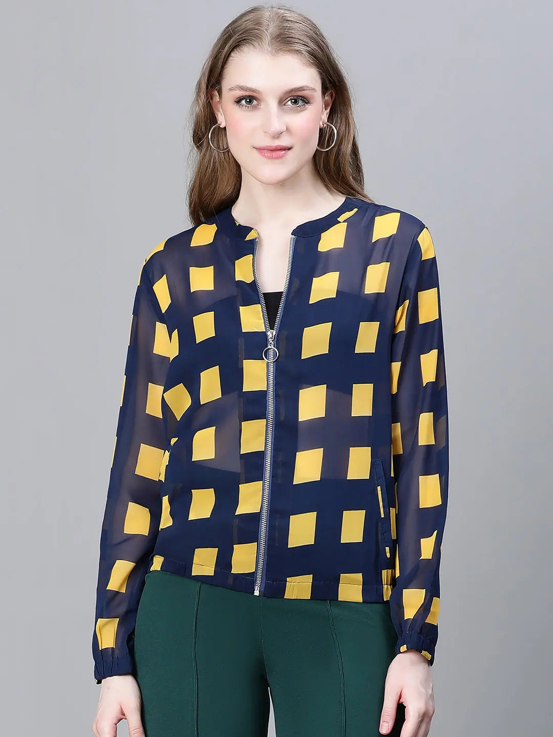 Women Checkered Standard Blue Full Sleeve Jacket One-Shoulder Jacket Off-the-Shoulder Jacket Asymmetrical Jacket