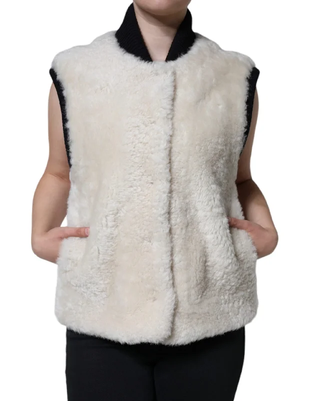 White Warrenford Shearling Leather Vest Coat Jacket Tiered Jacket Buttoned Jacket Zippered Jacket