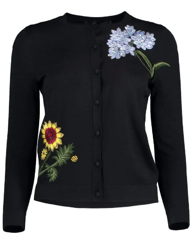 Floral Embroidered Cropped Cardigan Notch Collar Peter Pan Collar Cowl Neck