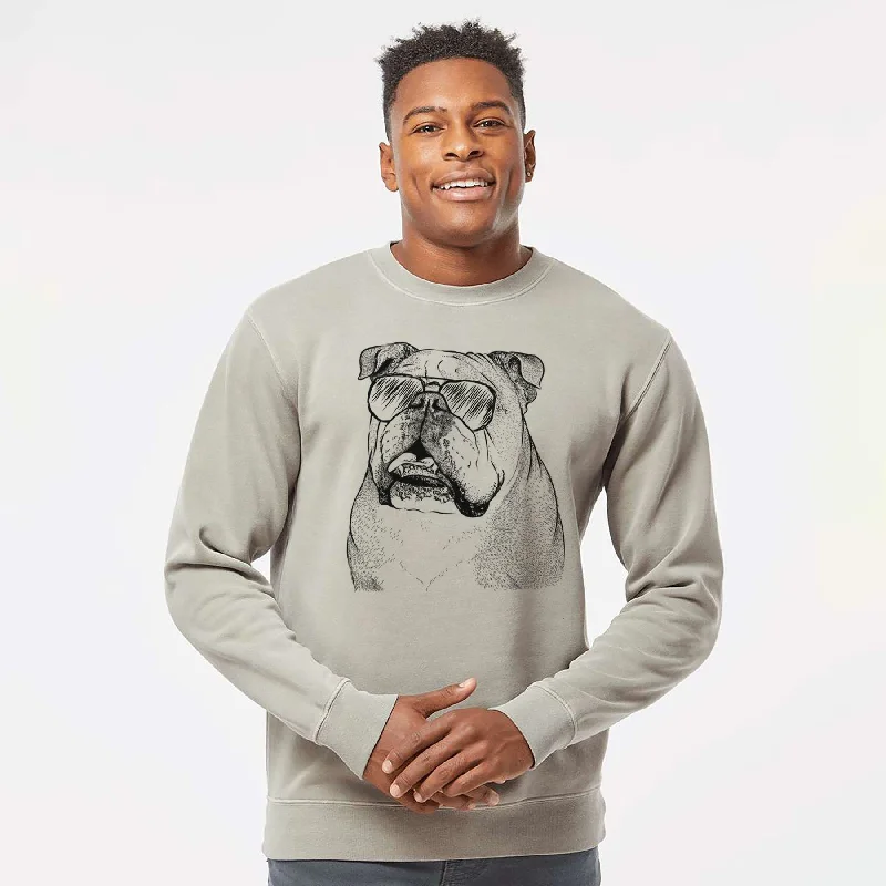 Aviator Piggy the English Bulldog - Unisex Pigment Dyed Crew Sweatshirt Hoodie with Frayed Bohemian Relaxed Aviator Piggy the English Bulldog - Unisex Pigment Dyed Crew Sweatshirt Hoodie with Frayed Bohemian Relaxed