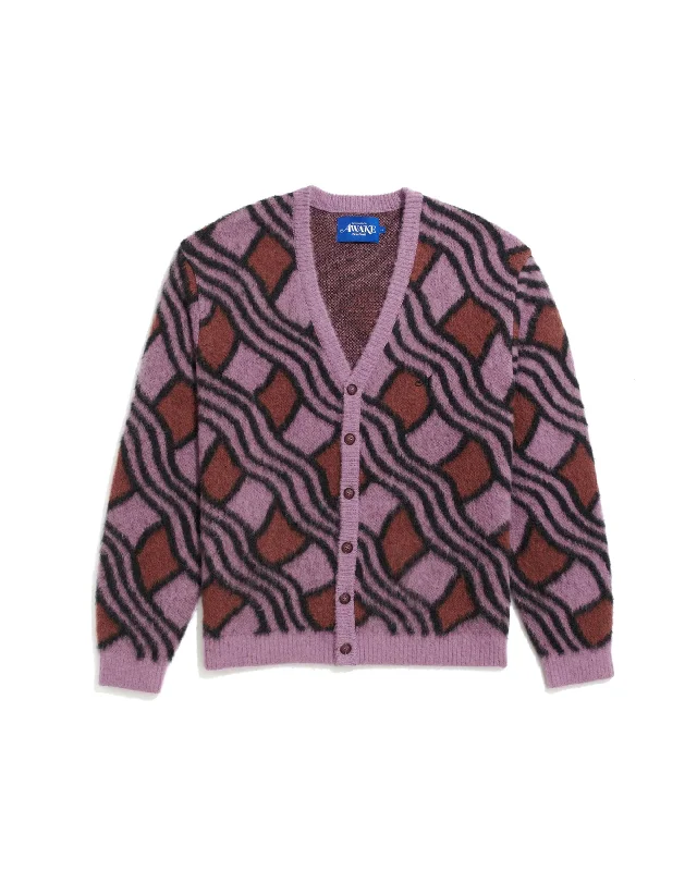 Wavy Jacquard Mohair Cardigan - Pink / Rust Wool Cardigan Cotton Cardigan Cashmere Cardigan