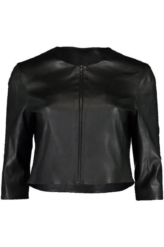 Stretch Leather Cardigan Jacket - Black Snapped Jacket Toggled Jacket Drawstring Jacket