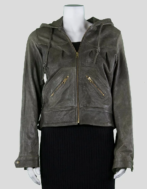 Mike & Chris Grey Distressed Leather Moto Jacket - Small Knit Fabric Woven Fabric Fleece Fabric