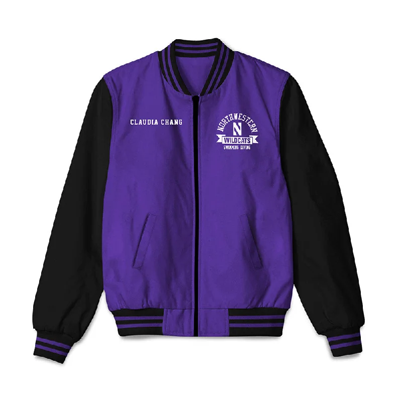 Northwestern - NCAA Women's Swimming & Diving : Claudia Chang - Bomber Jacket Rayon Fabric Velvet Fabric Corduroy Fabric