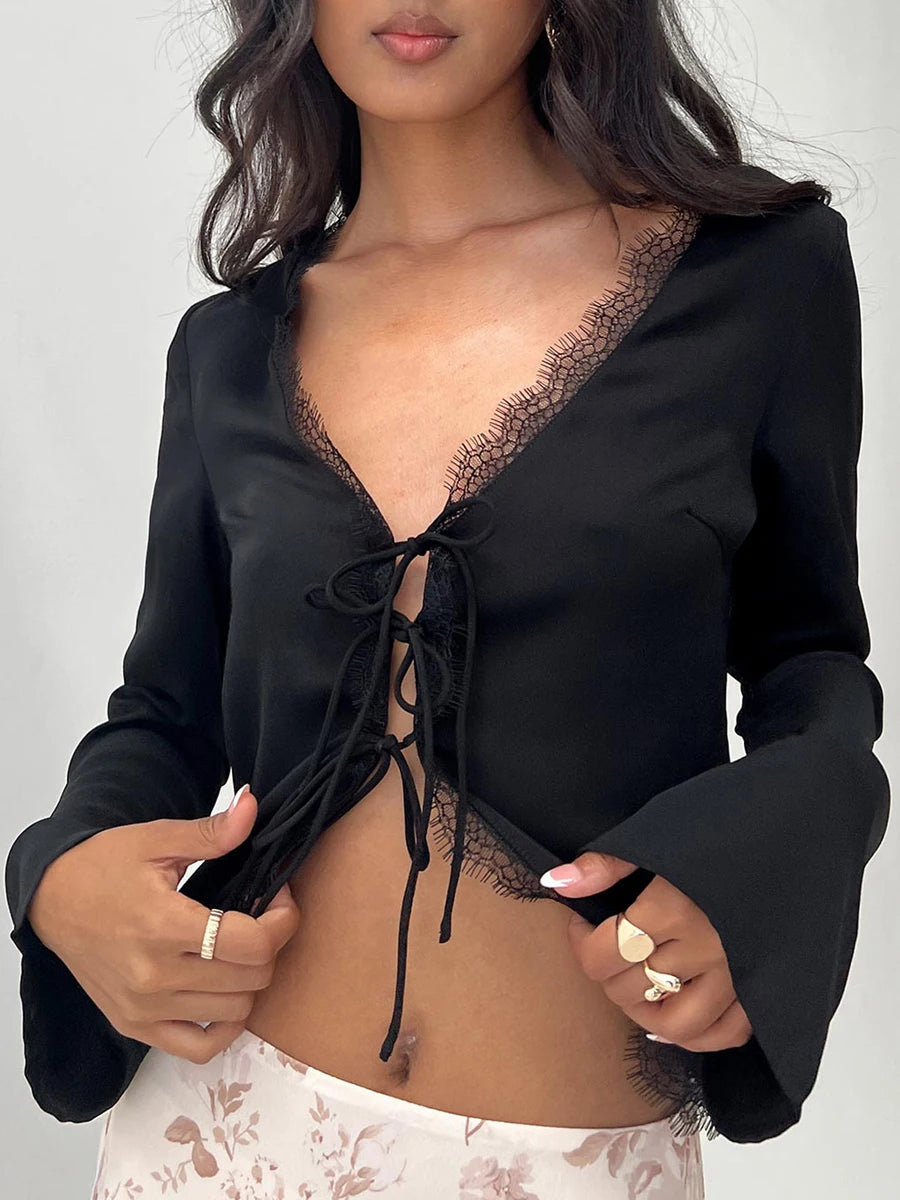 Wjczt Women Crop Long Sleeve Tops Lace Eyelash Trim Tie Front Shirt Casual Cardigan for Club Streetwear Aesthetic Clothes Thin Thick Dense