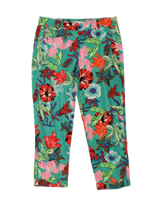 VINTAGE Womens Slim Capri Trousers Small W30 L22 Turquoise Floral Cotton Trousers Brand Named