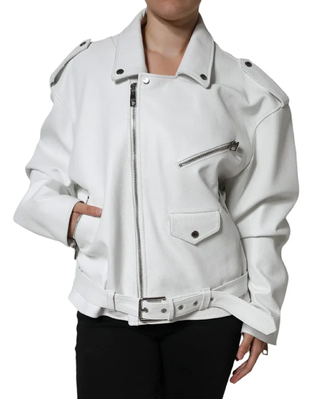 White Lambskin Leather Biker Coat Jacket Ribbed Jacket Pleated Jacket Ruffled Jacket