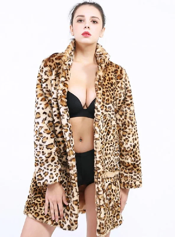 Women Long Sleeve Lapel Ladies Coat Leopard Print Coat Nylon Polyester Spandex