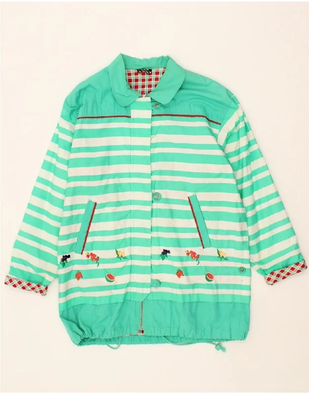 NEW FAST Womens Windbreaker Coat EU 36 Small Green Striped Cotton Tweed Herringbone Houndstooth