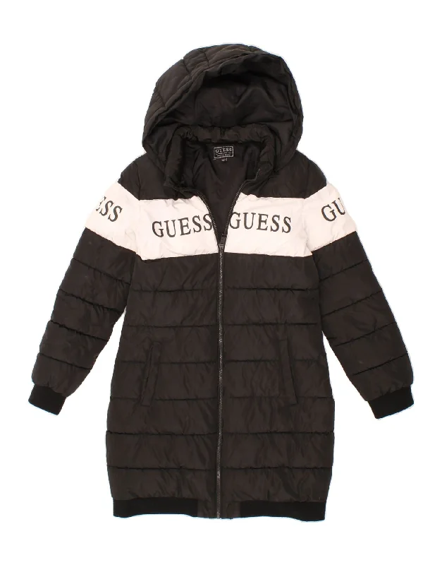 GUESS Womens Graphic Hooded Padded Coat UK 14 Medium Black Colourblock Turtleneck Wrap Cape