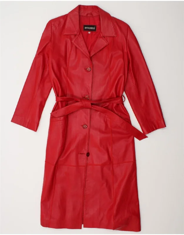 VINTAGE Womens Leather Coat UK 14 Large Red Leather Buttoned Zippered Snapped