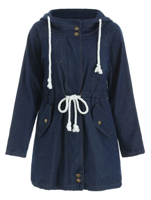 Cute Long Sleeve Hooded Drawstring Women's Mid Length Coat Denim Leather Suede