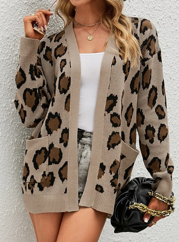 LONG LEOPARD CARDIGAN SWEATER COAT Striped Polka Dot Solid