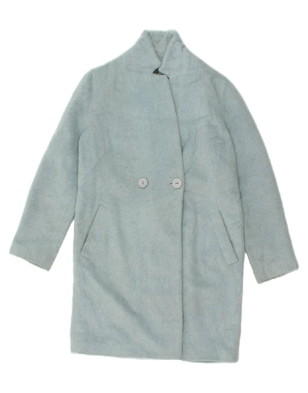 LAURA ASHLEY Womens Oversized Double Breasted Coat UK 8 Small Blue Acrylic Denim Leather Suede