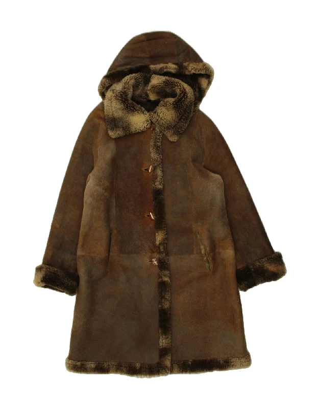 VINTAGE Womens Hooded Shearling Coat UK 16 Large Brown Trim Padded Insulated