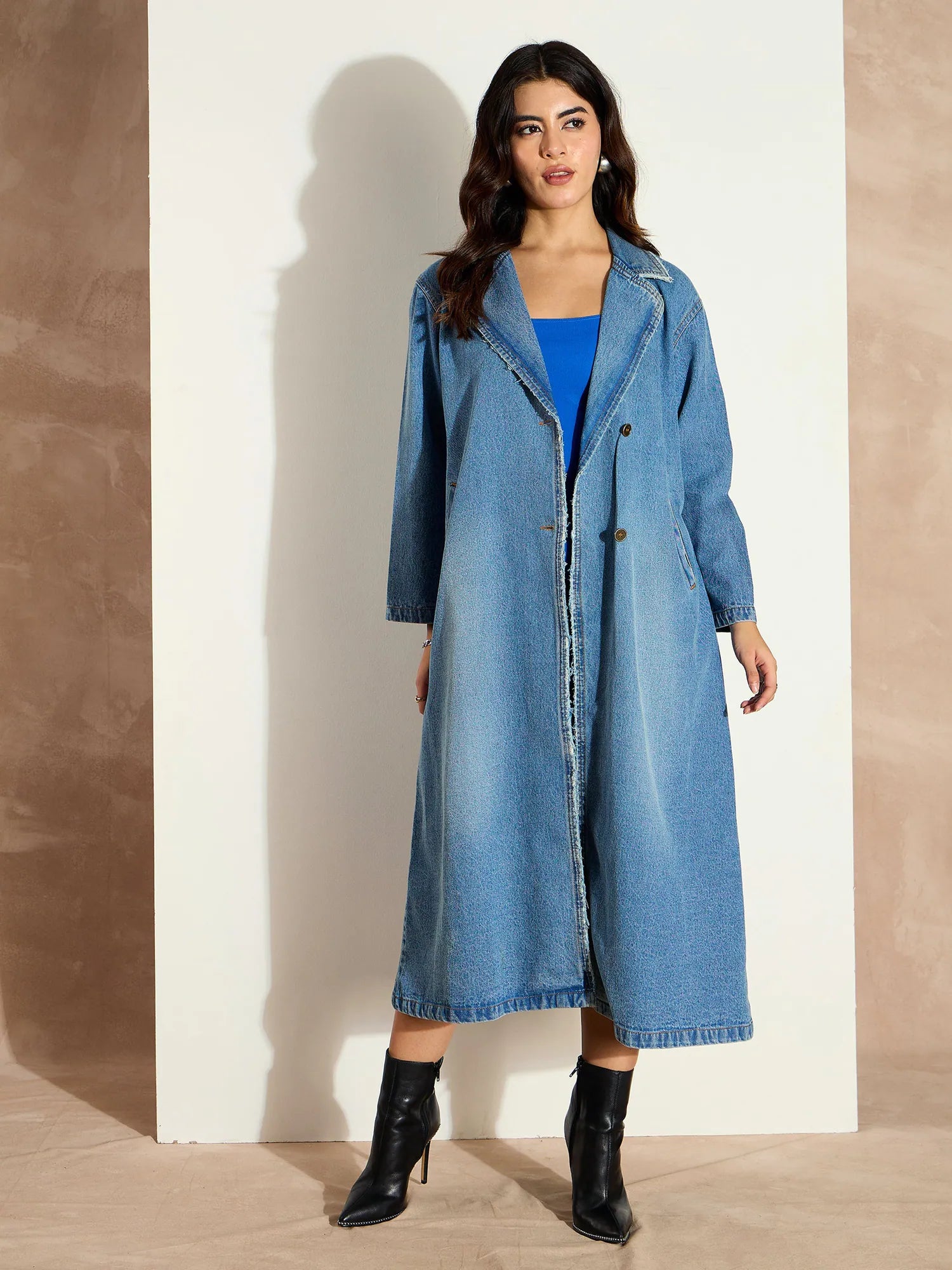 Women Blue Acid Washed Denim Over Coat-SFJCKT6978 Houndstooth Coat Plaid Coat Tartan Coat