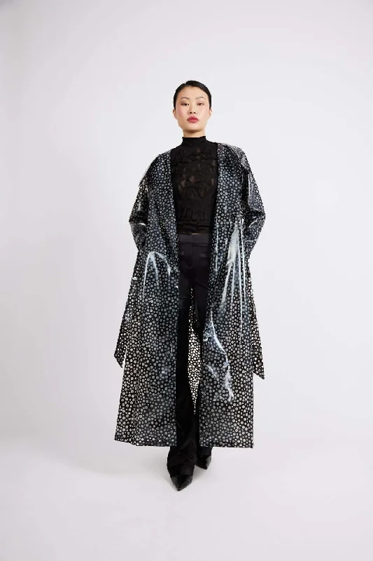 Transparent Polka Dot Vinyl Trench Coat with Hood Collared Crew Neck Turtle Neck