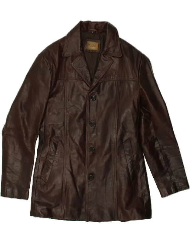 VINTAGE Womens Leather Coat UK 14 Large Brown Leather Elasticated Drawstring Belted