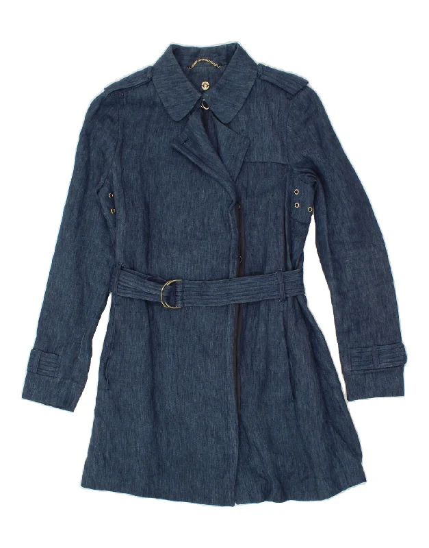 MASSIMO DUTTI Womens Trench Coat EU 36 XS Navy Blue Linen Asymmetrical Diagonal princess