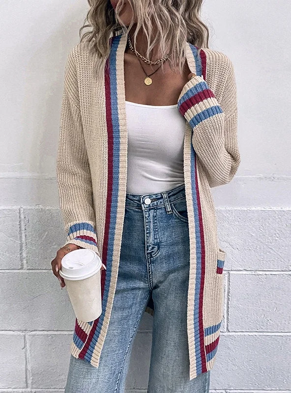 CONTRAST STRIPED POCKET CARDIGAN SWEATER COAT Blouse Shirt Tunic